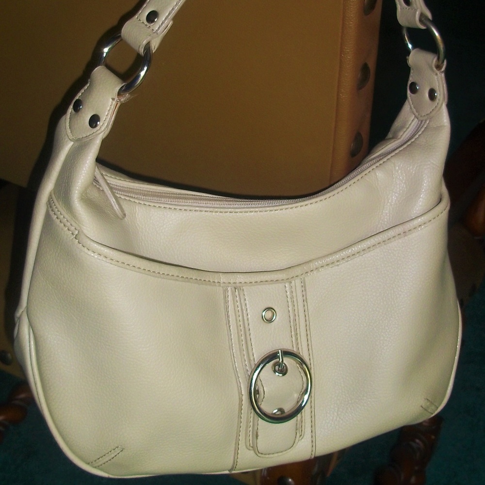 Bone Color Textured Faux Leather Bag